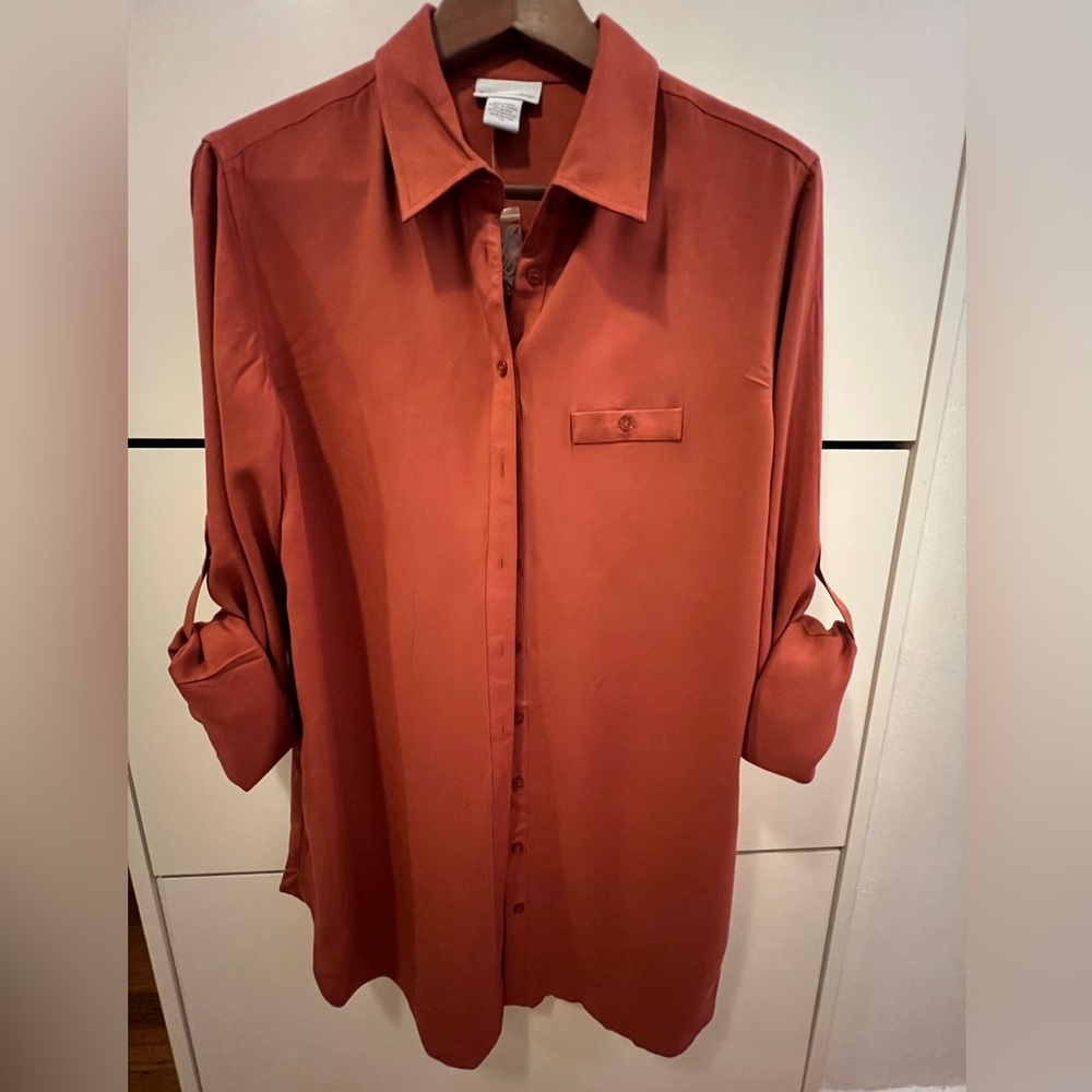Soft Surroundings Button Up Blouse Collared Long  Sleeve Orange Size Tall M NWOT